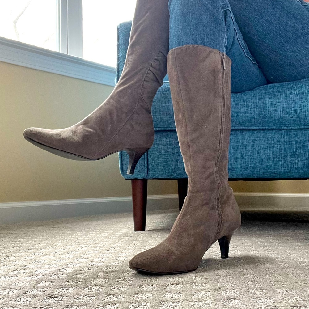 Suede zip-up boots. Used/in good condition. Wear on heels repaired by shoe shop.